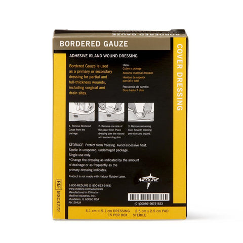 Medline Bordered Gauze Adhesive Island Wound Dressing, 2"x 2" with 1"x 1" Pad, Sterile, MSC3222