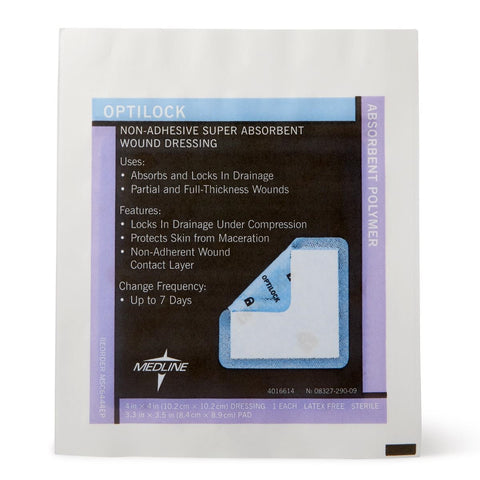 Medline OptiLock Non-Adhesive Super Absorbent Wound Dressing 4" x 4", Sterile, MSC6444EP