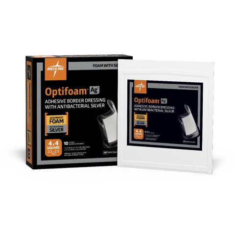 Medline Optifoam Ag+ Adhesive Foam Dressing with Antibacterial Silver 4" L x 4" W Square Shape, Sterile, MSC9604EP