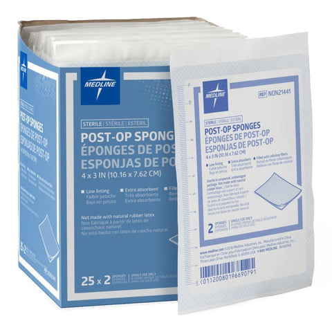 Medline Sterile Post-Op Gauze Sponge 4" L x 3" W, 2'S, Low linting, Extra absorbent, Filled with cellulose fibers, Latex Free, NON21441