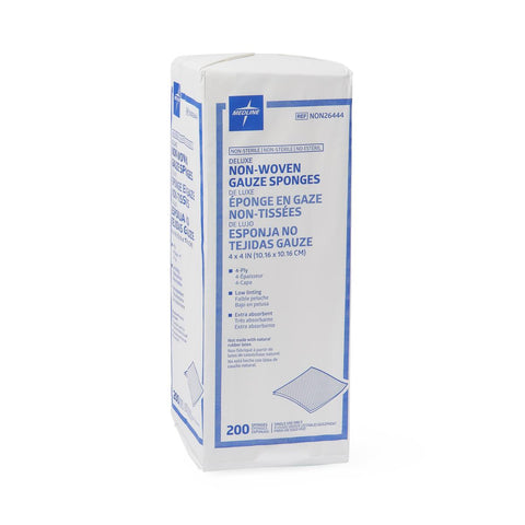 Medline Deluxe Nonsterile Nonwoven 4-Ply Gauze Sponges, 4" x 4", Rayon/Polyester, Low Linting, Extra-Absorbent, NON26444