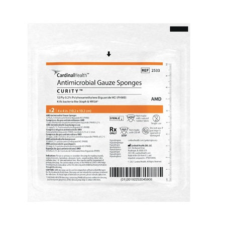 Packaging of Cardinal Health Curity AMD Antimicrobial Gauze Sponges on a white background