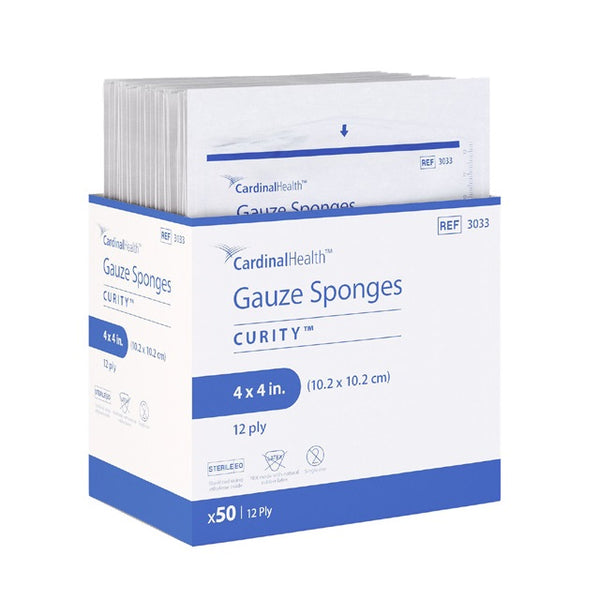 Box of Cardinal Health Curity Gauze Sponges on a white background