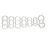Collection of Encore clear silicone tension bands in various sizes, each featuring a three-loop design with two side loops for application and removal.