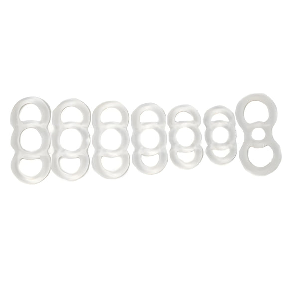 Collection of Encore clear silicone tension bands in various sizes, each featuring a three-loop design with two side loops for application and removal.
