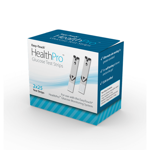 Box of MHC EasyTouch HealthPro Blood Glucose Test Strips with a depiction of the test strips on the front.