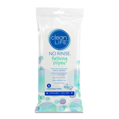 CleanLife No Rinse Bathing Wipes, Paraben Free, Latex and Alcohol Free, Microwavable Disposable Wipes, 8 Wipes per pack, 8 x 8 in (20 x 20 cm), 01000