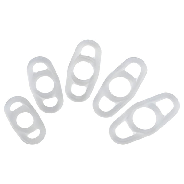 Collection of Owen Mumford Rapport clear silicone tension bands in various sizes, each featuring a three-loop design with two side loops for application and removal.
