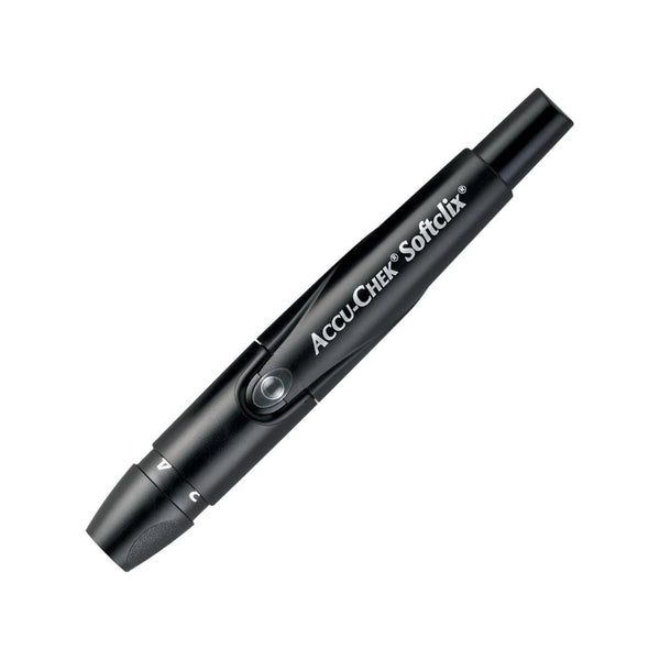 Accu-Chek Diabetes Care 05509661001 Softclix Lancing Device, shown at an angle with cap off and depth setting dial visible