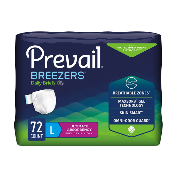 First Quality Prevail Breezers Adult Briefs, PVB013, Large, 45 in to 58 in (114.3 cm to 147.3 cm) Waist, Case of 72