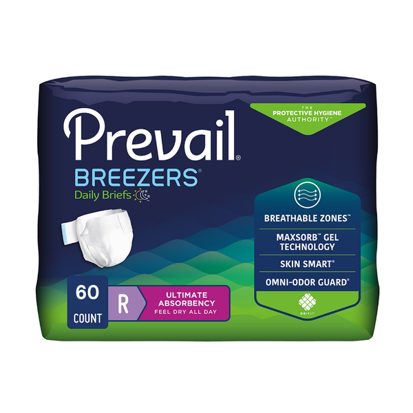 First Quality Prevail Breezers Adult Briefs, PVB014, XLarge, 59 in to 64 in (149.9 cm to 162.6 cm) Waist, Case of 60