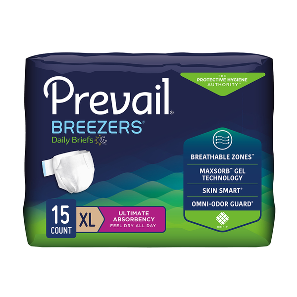 First Quality Prevail Breezers Adult Briefs, PVB014, XLarge, 59 in to 64 in (149.9 cm to 162.6 cm) Waist, Pack of 15