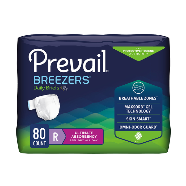 First Quality Prevail Breezers Adult Briefs, PVB016, Regular, 40 in to 49 in (101.6 cm to 124.5 cm) Waist, Case of 80