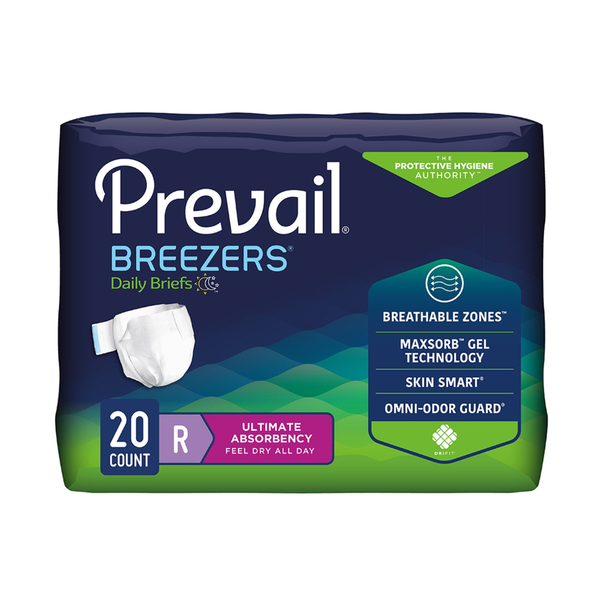 First Quality Prevail Breezers Adult Briefs, PVB016, Regular, 40 in to 49 in (101.6 cm to 124.5 cm) Waist, Pack of 20