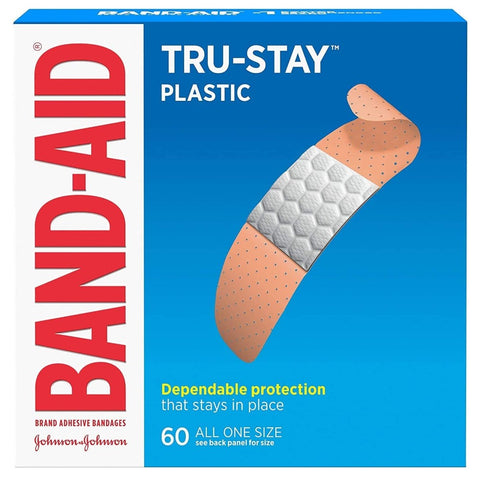 Johnson & Johnson Band-Aid Plastic Bandage Strips, 3/4" x 3", Breathable, Tru-Stay Adhesive, Box of 60, 5635