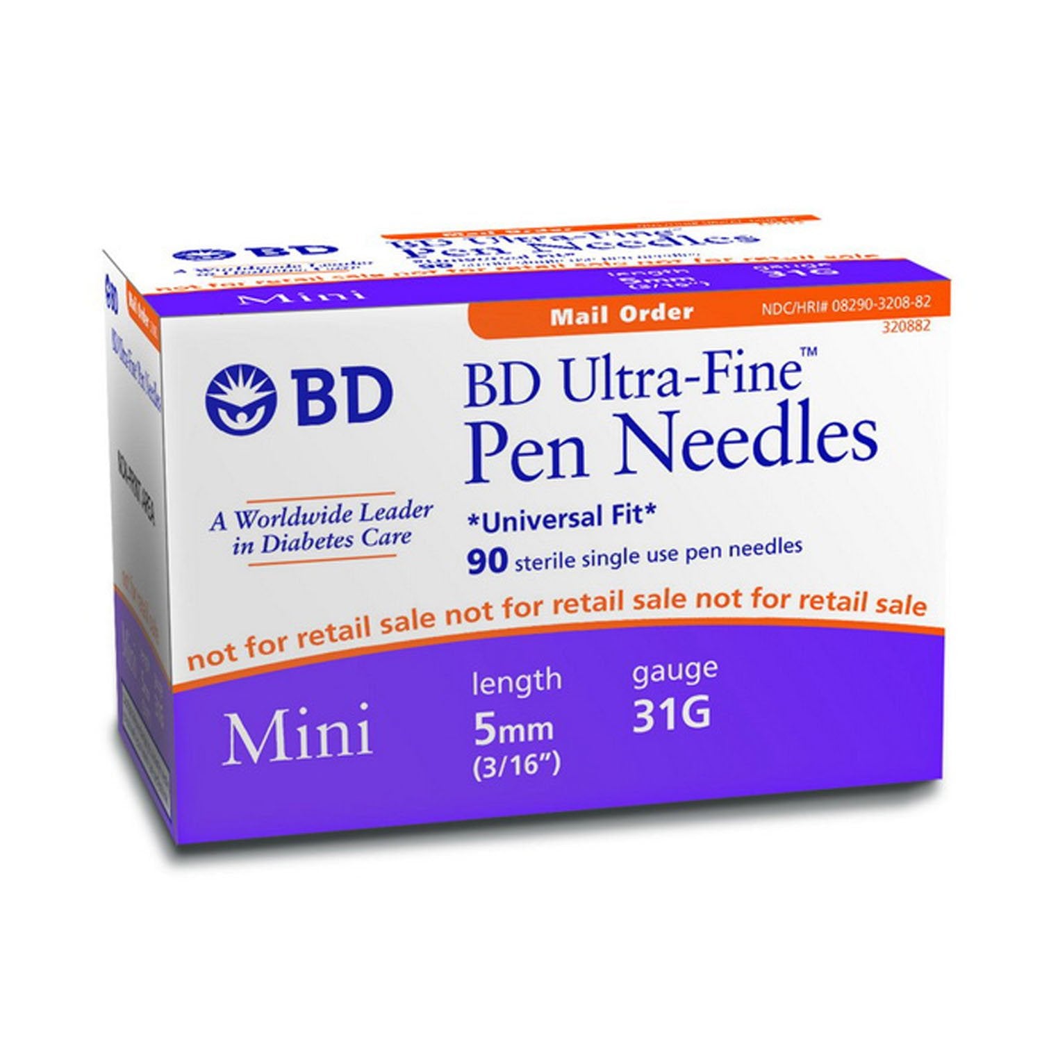 BD Ultra-Fine Mini Pen Needles 5MM 3/16 inch 31 Gauge Box of 90