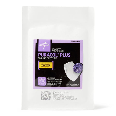 Medline Puracol Plus Collagen Wound Dressing, 2" W x 2.25" L Sheet, in Educational Packaging, Highly Absorbent, Non-Adhesive, MSC8622EP