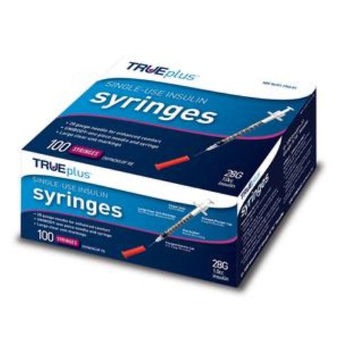 Trividia TRUEplus 28G 1/2in (12.7mm) 1cc (1mL) U100 Insulin Syringes, 28 Gauge (0.36mm), S4H01C28-100