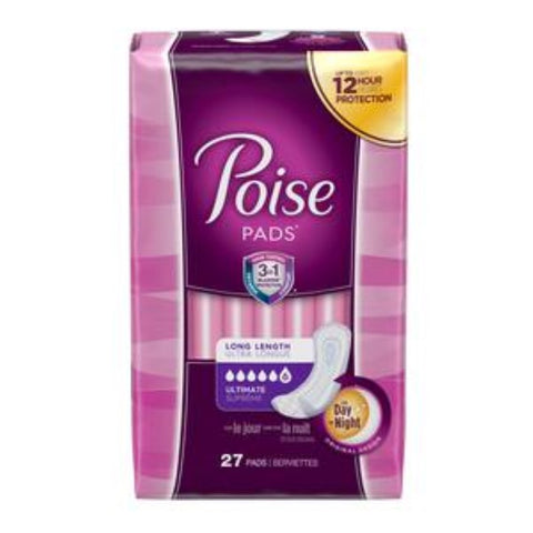 Kimberly Clark Poise Incontinence Pads, Ultimate Absorbency and 3-in-1 Protection, Long Length, 27 Count, 6933593