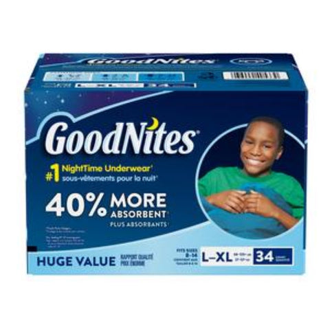 Kimberly Clark Goodnites Youth Incontinence Pants for Boys, Large/XL 60 to 125 lb., Clothing Size 8 to 14, Case (34 Each)