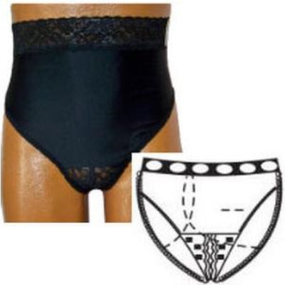 OPTIONS Ladies' Backless with Split-Lace Crotch and Built-In Barrier/Support, Black, Right-Side Stoma, Large 8-9, Hips 41" - 45"
