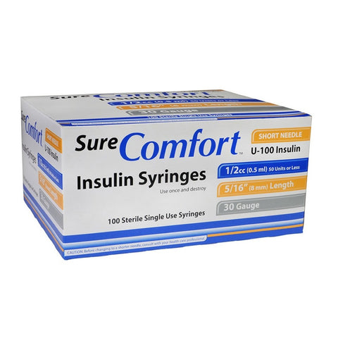 Allison Medical SureComfort 30G 5/16in (8mm) 1/2cc (0.5mL) U100 Insulin Syringes, 30 Gauge (0.30mm), 22-6005
