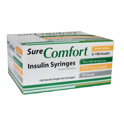 Allison Medical SureComfort 30G 5/16in (8mm) 1cc (1mL) U100 Insulin Syringes, 30 Gauge (0.30mm), 22-6010