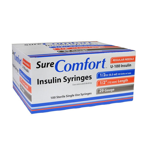 Allison Medical SureComfort 29G 1/2in (12.7mm) 1/2cc (0.5mL) U100 Insulin Syringes, 29 Gauge (0.33mm), 22-9005