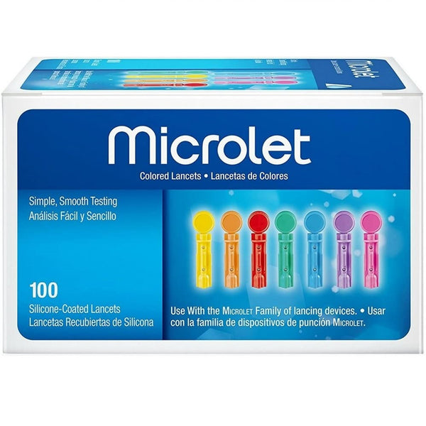Box of Bayer Microlet multicolor lancets, showing various colored lancets.