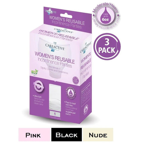 CareApparel CareActive Ladies Reusable Incontinence Panties, Assorted Colors (Nude, Black, Pink), Pack of 3s