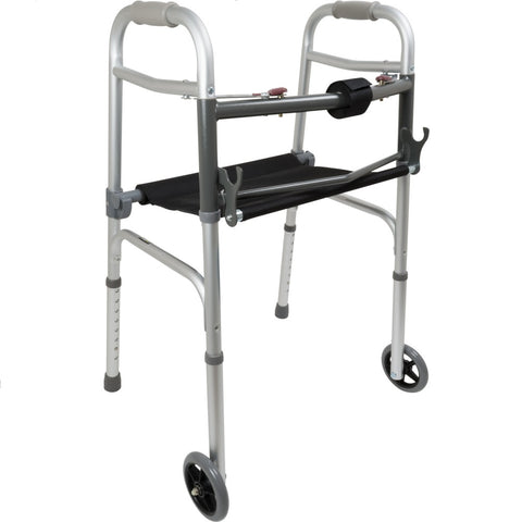PMI ProBasics Two-Button Folding Patient Walker, with 5" Wheels and Roll-Up Seat, 300 lb Capacity