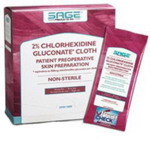 Sage Products CHG 2% Chlorhexidine Gluconate Cloth 7-1/2" x 7-1/2" Rinse-Free, Alcohol-Free, Non-Sterile, 2 per Pack Soft Pack