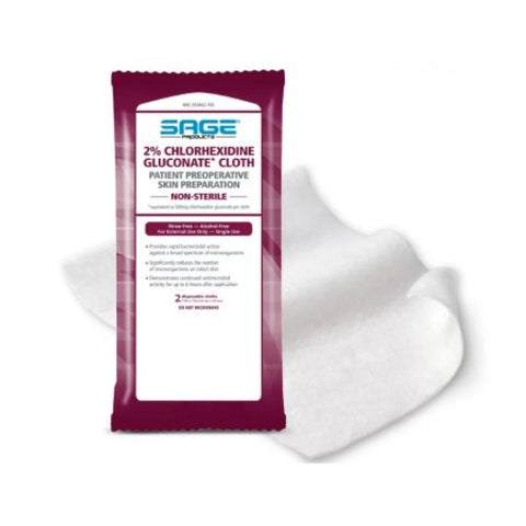 Sage Products CHG 2% Chlorhexidine Gluconate Cloth 7-1/2" x 7-1/2" Rinse-Free, Alcohol-Free, Non-Sterile, 6 per Pack Soft Pack
