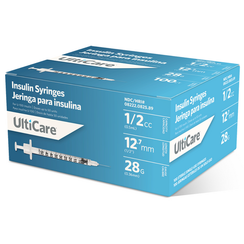 Ultimed UltiCare 28G 1/2in (12.7mm) 1/2cc (0.5mL) U100 Insulin Syringes, 28 Gauge (0.36mm), 08258
