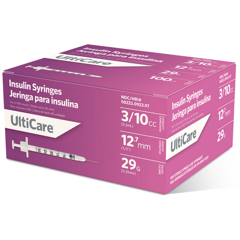 Ultimed UltiCare 29G 1/2in (12.7mm) 3/10cc (0.3mL) U100 Insulin Syringes, 29 Gauge (0.33mm), 09239