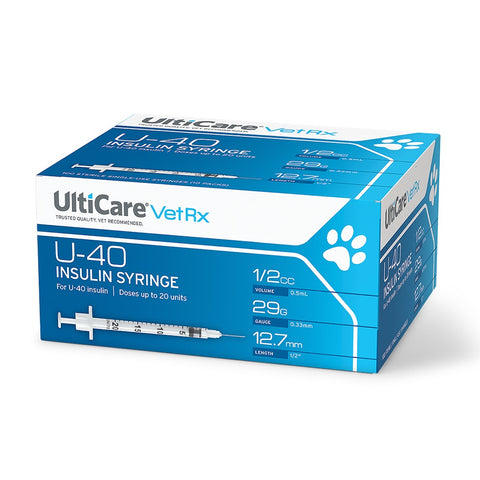 Ultimed VetRx U40 29G (0.33mm) 1/2in (12.7mm) 1/2cc (0.5mL) U-40 Insulin Syringes for Pets, 29 Gauge, Box of 100, 09260