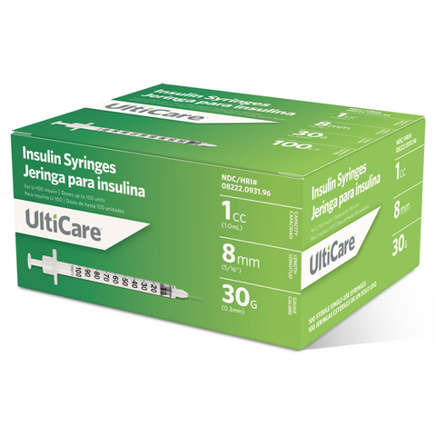 Ultimed UltiCare 30G 5/16in (8mm) 1cc (1mL) U100 Insulin Syringes, 30 Gauge (0.3mm), 09319