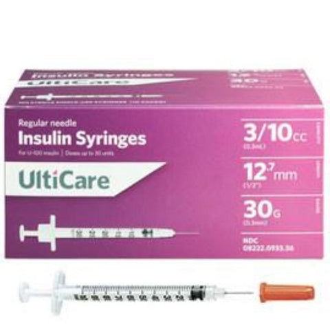 Ultimed UltiCare 30G 1/2in (12.7mm) 3/10cc (0.3mL) U100 Insulin Syringes, 30 Gauge (0.30mm), 09335