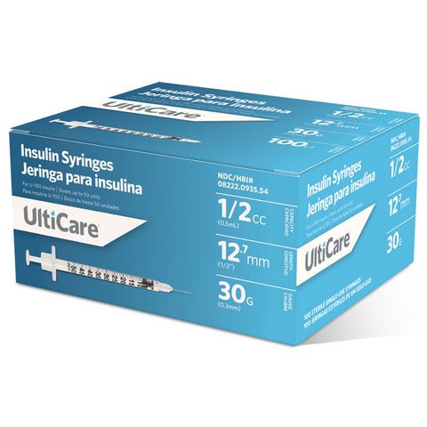 Ultimed UltiCare 30G 1/2in (12.7mm) 1/2cc (0.5mL) U100 Insulin Syringes, 30 Gauge (0.30mm), 09355