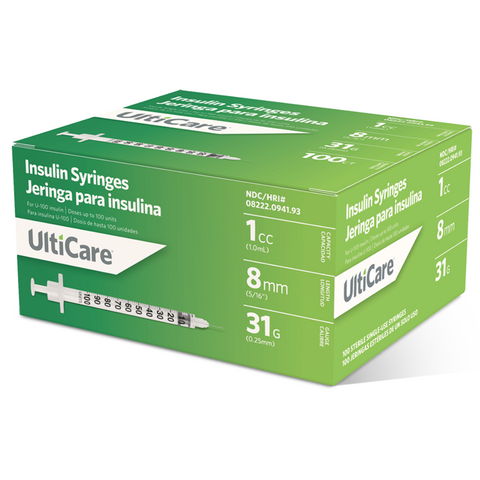 Ultimed UltiCare 31G 5/16in (8mm) 1cc (1mL) U100 Insulin Syringes, 31 Gauge (0.25mm), 09419