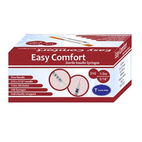 Home Aide EasyComfort 31G 5/16in (8mm) 1/2cc (0.5mL) U100 Individually Wrapped Insulin Syringes, 31 Gauge (0.25mm)