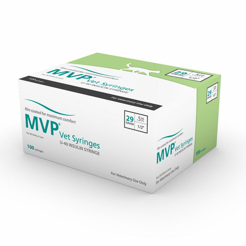 MHC MVP Vet U40 29G (0.33mm) 1/2in (12.7mm) 1/2cc (0.5mL) U-40 Insulin Syringes for Pets, 29 Gauge, Box of 100, 819550