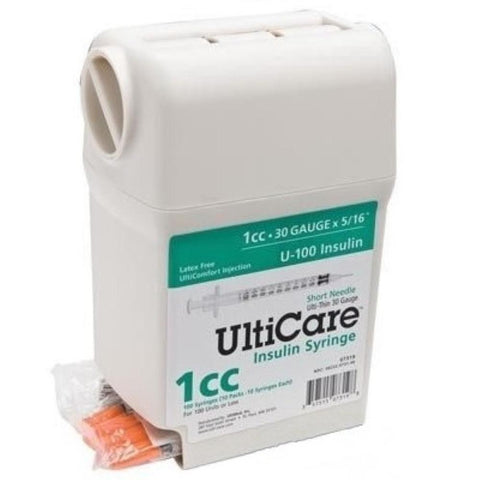 Ultimed UltiCare 30G 5/16in (8mm) 1cc (1mL) U100 Insulin Syringes with UltiGuard Safe Pack, 30 Gauge (0.30mm), 07319